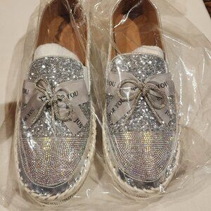 **Silver Glitter Slip-On Loafers | Rhinestone Detail | EU 42 (US 11)**